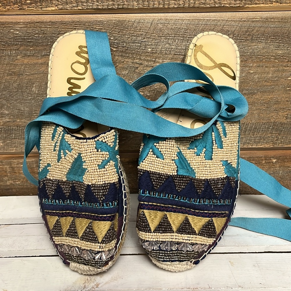 SAM EDELMAN Karolyn Beaded India Blue Lace-Up Espadrilles 9 - Picture 4 of 8